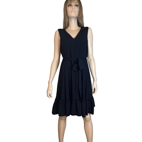Calvin Klein Tiered Dress Fit and Flare Sleeveless Belted Pockets Navy Blue - Picture 3 of 16